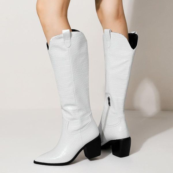 boots faux leather knee high chunky heel women slip on autumn winter fashion big size 34-43 black white brown